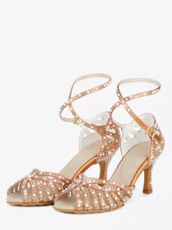 Chaussures de danse de salon en satin pour femmes bout ouvert strass croisées chaussures de danse latine