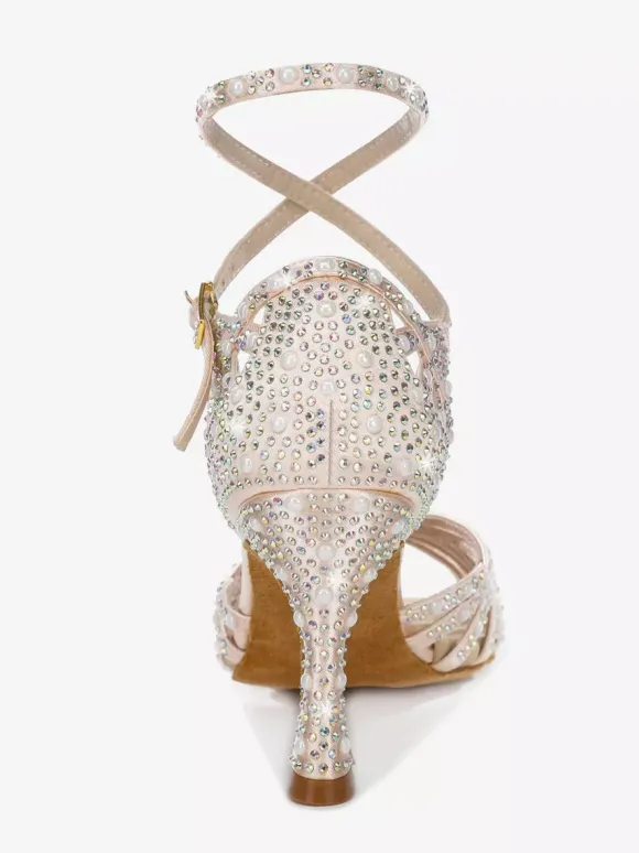 Chaussures de danse de salon en satin pour femmes bout ouvert strass croisées chaussures de danse latine