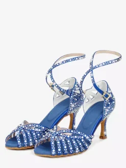 Chaussures de danse de salon en satin pour femmes bout ouvert strass croisées chaussures de danse latine