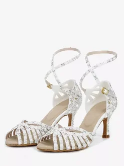 Chaussures de danse de salon en satin pour femmes bout ouvert strass croisées chaussures de danse latine