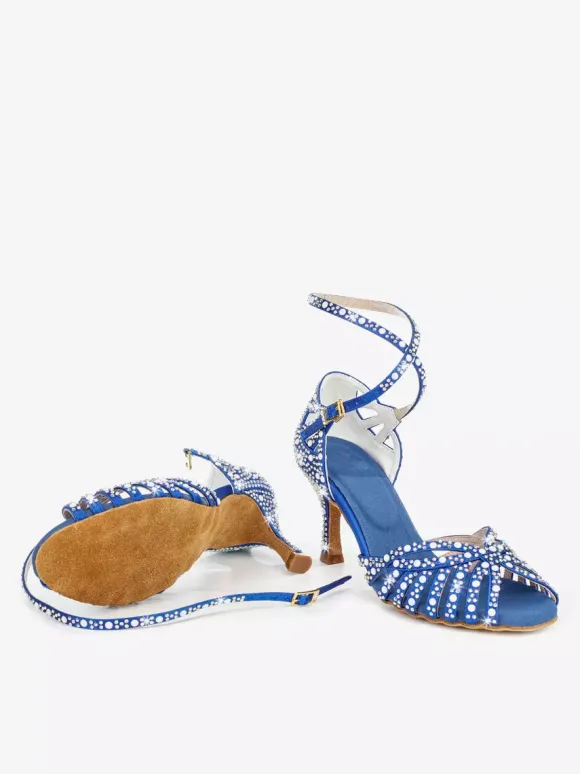 Chaussures de danse de salon en satin pour femmes bout ouvert strass croisées chaussures de danse latine
