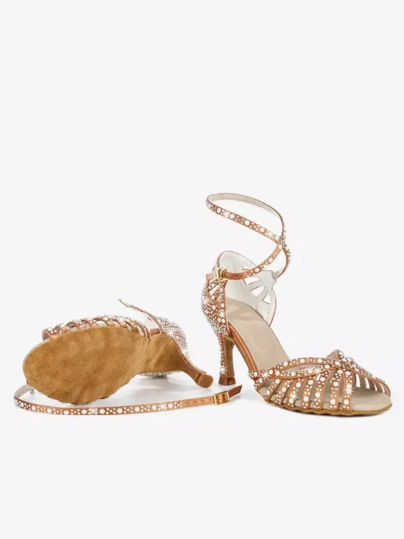 Chaussures de danse de salon en satin pour femmes bout ouvert strass croisées chaussures de danse latine
