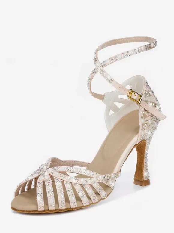 Chaussures de danse de salon en satin pour femmes bout ouvert strass croisées chaussures de danse latine