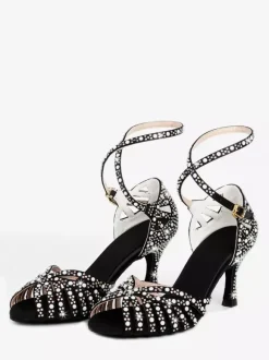 Chaussures de danse de salon en satin pour femmes bout ouvert strass croisées chaussures de danse latine