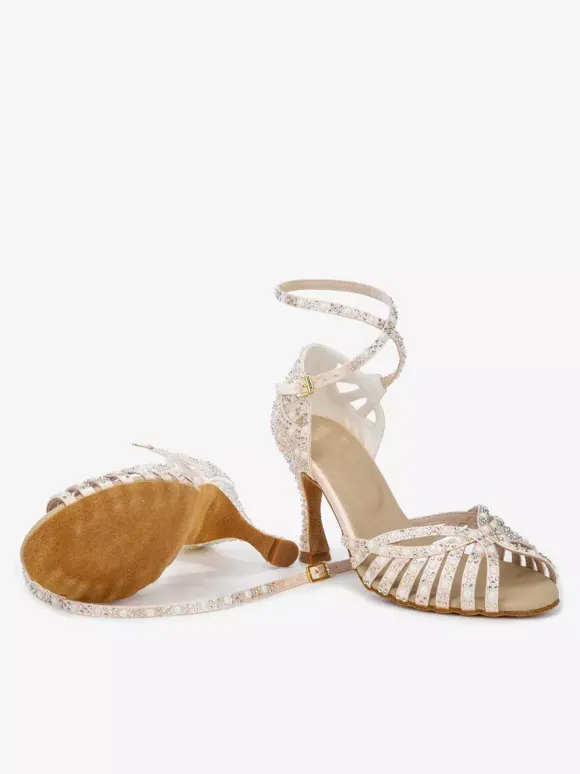 Chaussures de danse de salon en satin pour femmes bout ouvert strass croisées chaussures de danse latine
