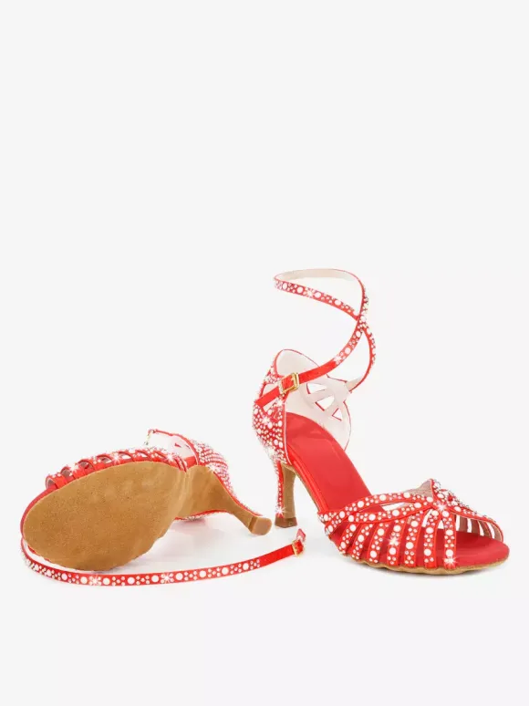 Chaussures de danse de salon en satin pour femmes bout ouvert strass croisées chaussures de danse latine