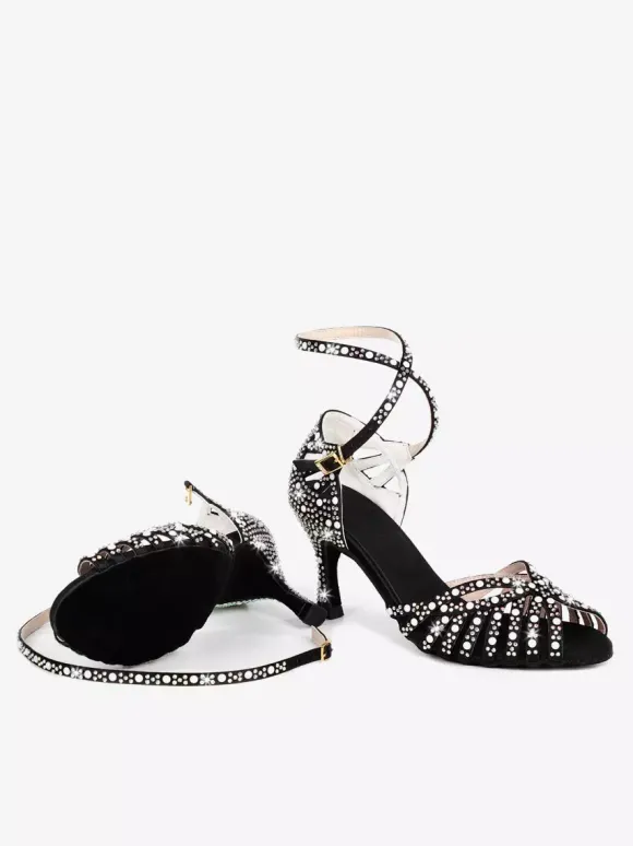Chaussures de danse de salon en satin pour femmes bout ouvert strass croisées chaussures de danse latine