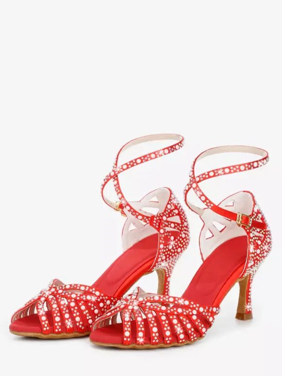 Chaussures de danse de salon en satin pour femmes bout ouvert strass croisées chaussures de danse latine