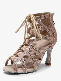 Chaussures de Danse Femme à Talons Hauts en Paillettes à Lacets Bicolores