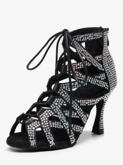 Chaussures de Danse Femme à Talons Hauts en Paillettes à Lacets Bicolores
