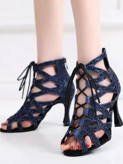 Chaussures de Danse Femme à Talons Hauts en Paillettes à Lacets Bicolores