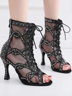 Chaussures de Danse Femme à Talons Hauts en Paillettes à Lacets Bicolores