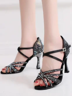 Chaussures de Danse Femme à Talons Hauts en Paillettes à Lacets Bicolores