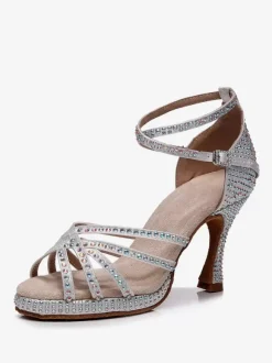 Chaussures de danse latine bleu marine foncé à bout rond et strass