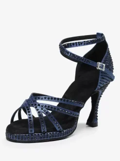 Chaussures de danse latine bleu marine foncé à bout rond et strass