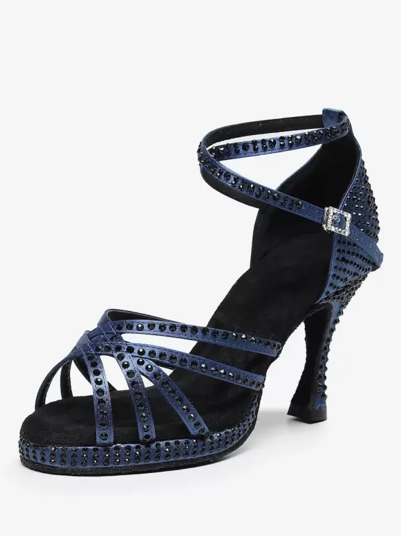 Chaussures de danse latine bleu marine foncé à bout rond et strass