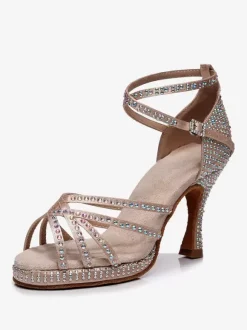 Chaussures de danse latine bleu marine foncé à bout rond et strass
