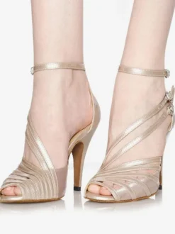 Chaussures de danse latine en cuir PU léger abricot bout pointu chaussures de danse à boucle