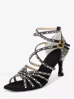 Chaussures de danse latine pour femmes bout ouvert perles talons hauts chaussures de bal de salon