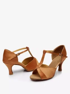 Chaussures de danse latine Satin talons Abricot Peep Toe Ballroom Chaussures de danse