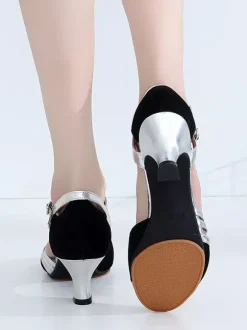 Chaussures de danse pour femmes en daim et cuir talon moyen bout ouvert