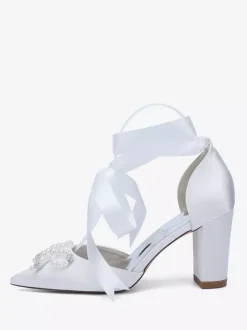 Chaussures de mariage blanches en satin à bout pointu et perles n艙ud et talon épais