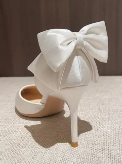 Chaussures de mariage blanches escarpins à talons hauts avec n艙ud et bout pointu