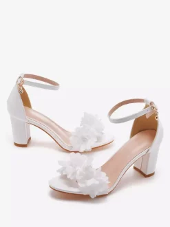 Chaussures De Mariage En Cuir PU Fleurs Blanches Sandales De Mariée À Bout Ouvert