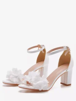Chaussures De Mariage En Cuir PU Fleurs Blanches Sandales De Mariée À Bout Ouvert