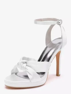 Chaussures de mariage en satin Chaussures de bal blanches Sandales à talons hauts et bout ouvert avec bride à la cheville