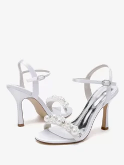 Chaussures de mariage en satin blanc strass sandales de mariage à bout ouvert