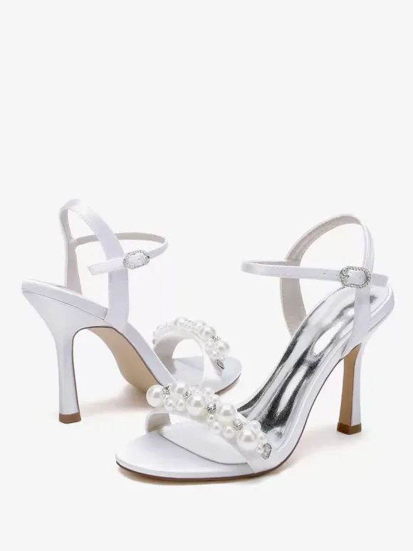 Chaussures de mariage en satin blanc strass sandales de mariage à bout ouvert