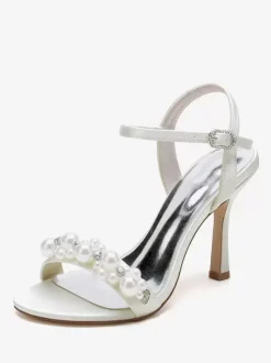 Chaussures de mariage en satin blanc strass sandales de mariage à bout ouvert