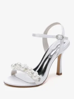 Chaussures de mariage en satin blanc strass sandales de mariage à bout ouvert