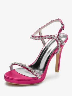 Chaussures de mariage en satin Bout ouvert Strass Boucle Détail Talon aiguille Sandales de mariée