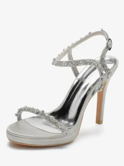 Chaussures de mariage en satin Bout ouvert Strass Boucle Détail Talon aiguille Sandales de mariée