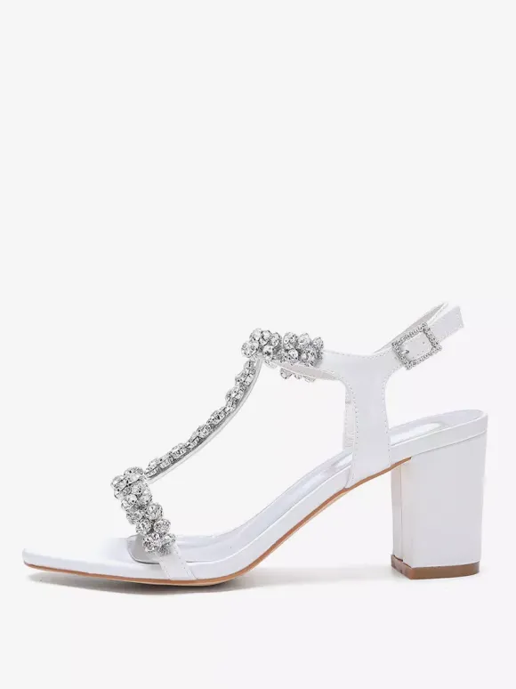 Chaussures de mariage en satin à talons épais et strass avec bride en T