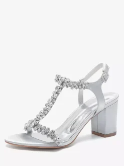 Chaussures de mariage en satin à talons épais et strass avec bride en T