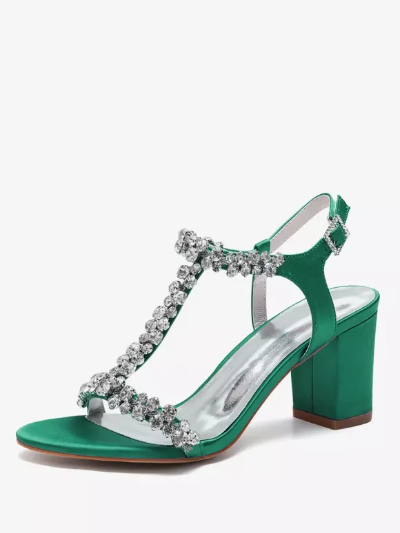 Chaussures de mariage en satin à talons épais et strass avec bride en T