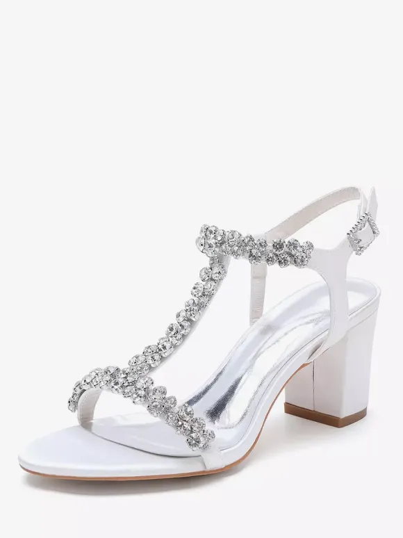 Chaussures de mariage en satin à talons épais et strass avec bride en T