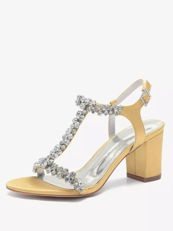 Chaussures de mariage en satin à talons épais et strass avec bride en T