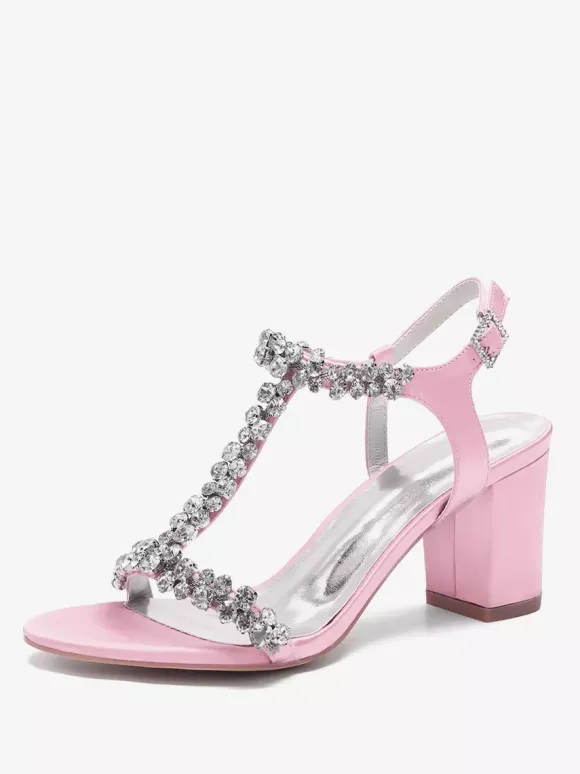 Chaussures de mariage en satin à talons épais et strass avec bride en T