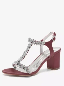 Chaussures de mariage en satin à talons épais et strass avec bride en T