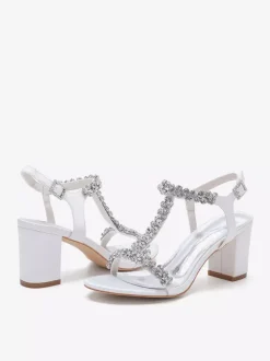 Chaussures de mariage en satin à talons épais et strass avec bride en T