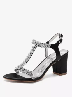 Chaussures de mariage en satin à talons épais et strass avec bride en T