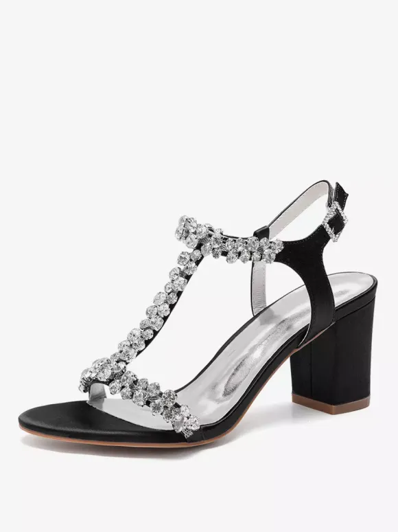 Chaussures de mariage en satin à talons épais et strass avec bride en T