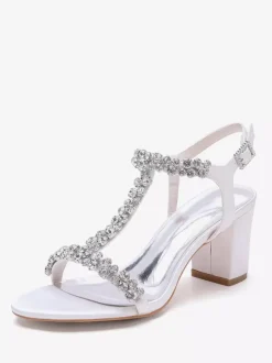 Chaussures de mariage en satin à talons épais et strass avec bride en T