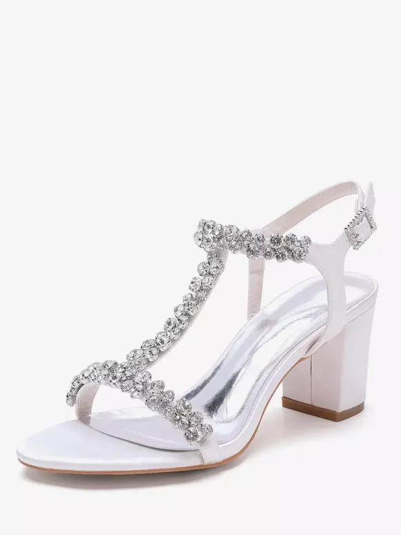 Chaussures de mariage en satin à talons épais et strass avec bride en T