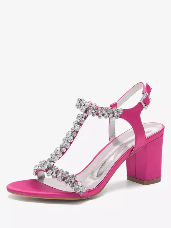 Chaussures de mariage en satin à talons épais et strass avec bride en T