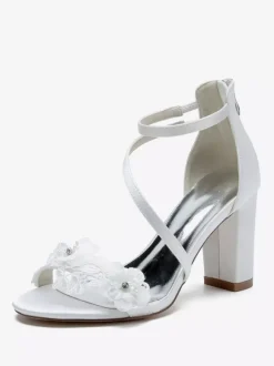 Chaussures de mariage en satin blanc brodé sandales de mariage à bout ouvert